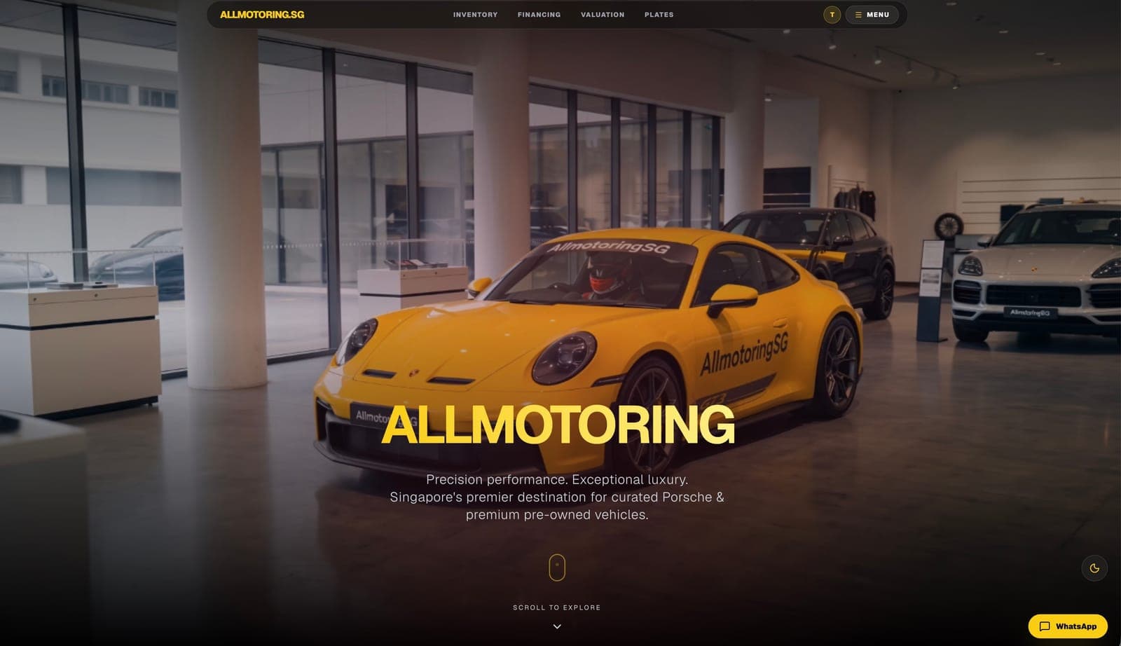 AllMotoring — A Porsche dealer platform — live inventory, instant valuations, plates and WhatsApp leads.