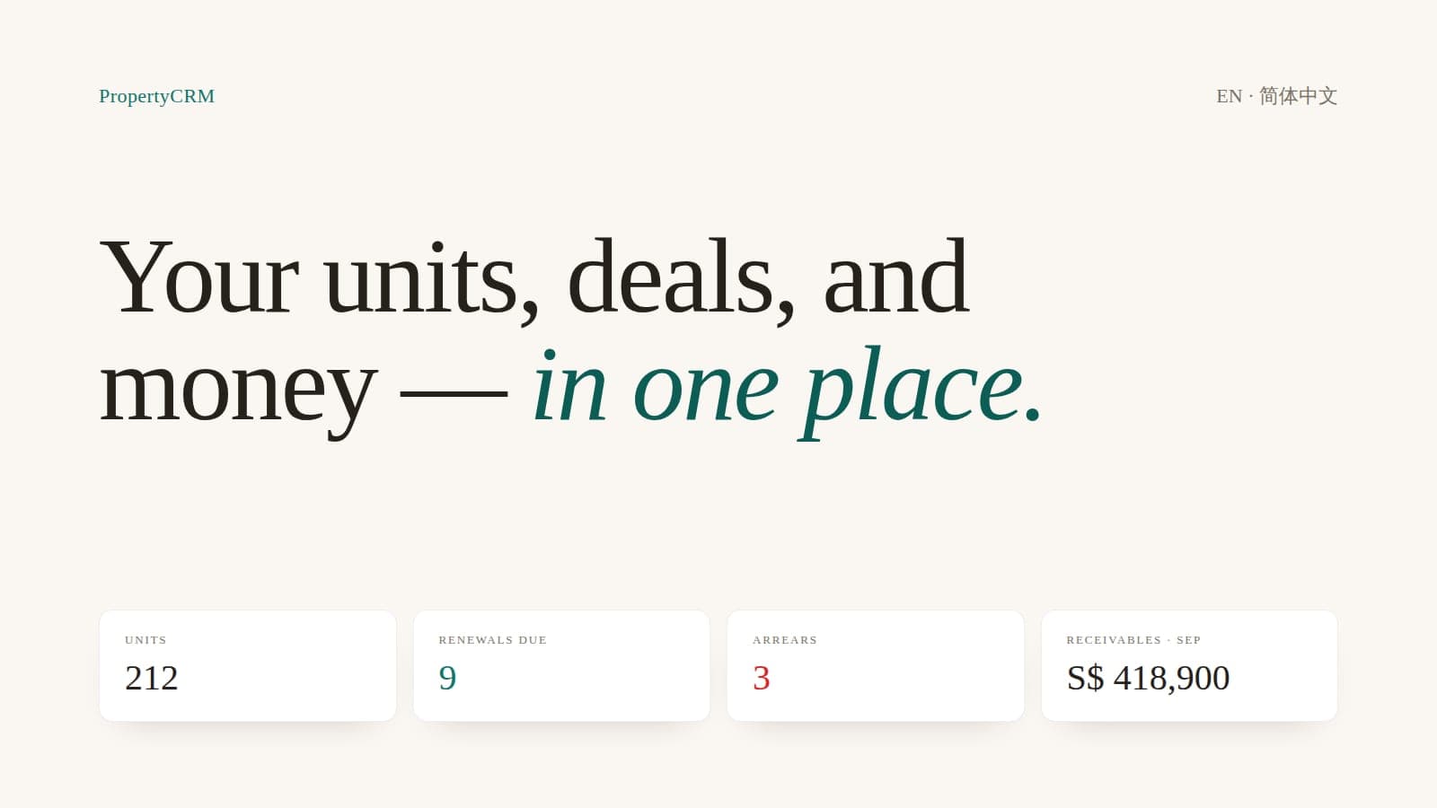 PropCRM — A bilingual property CRM — units, deals and money in one place.
